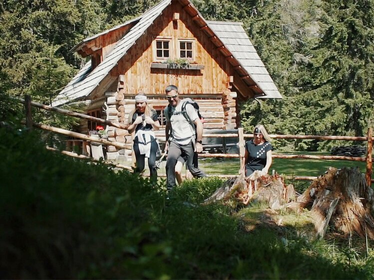 Rustic wooden chalet in lush forest, with a group of hikers standing in front admiring the scenery.