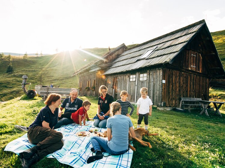 Group of people having a picnic on a sunny day in a rural mountain setting, with a rustic wooden cabin in the background. | © Urlaub am Bauernhof Kärnten / Daniel Gollner