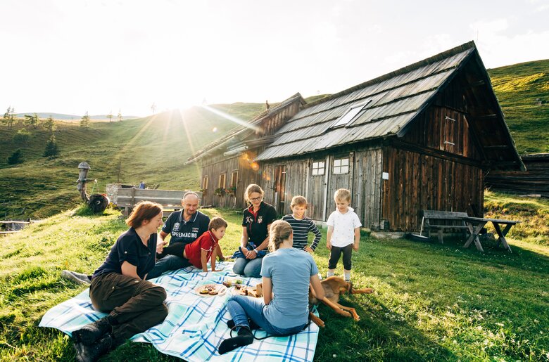 Group of people having a picnic on a sunny day in a rural mountain setting, with a rustic wooden cabin in the background. | © Urlaub am Bauernhof Kärnten / Daniel Gollner
