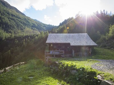 Familie beim Sonnenuntergang auf der Almhütte | © Urlaub am Bauernhof Kärnten/ Tine Steinthaler Rustic mountain cabin amidst verdant landscape, sunlight filtering through trees, tranquil creek flowing nearby. | © Urlaub am Bauernhof Kärnten/ Tine Steinthaler