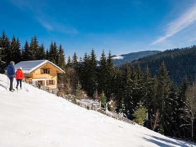 Paar geht zur Hütte | © Michael Stabentheiner Wooden chalet nestled in snowy mountain forest, with people walking on path amidst pine trees under blue sky. | © Michael Stabentheiner