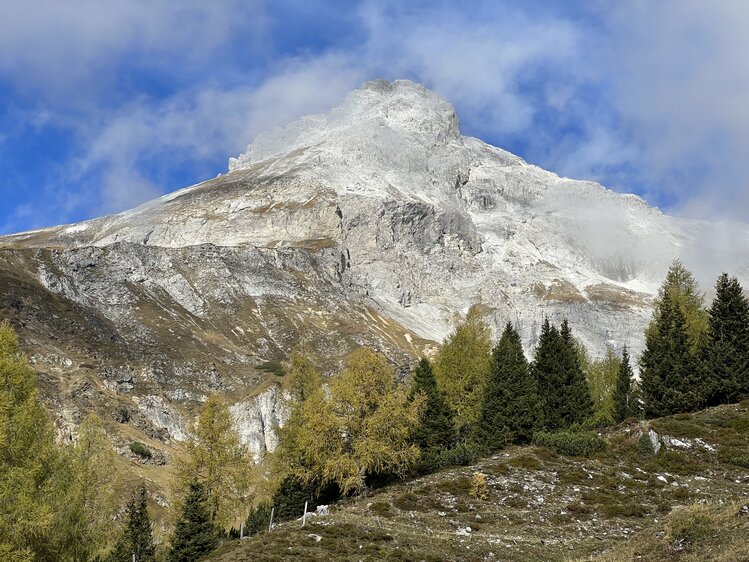 Massive snow-capped mountain peak towering over a forested landscape with rocky outcroppings and a cloudy blue sky. | © Urlaub auf der Alm / Julia Winkler