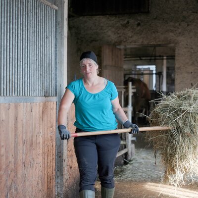 Woman in a barn carrying hay on a wooden pallet.