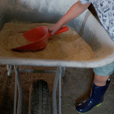 A child shovels sand into a red wheelbarrow in a garden or construction area.