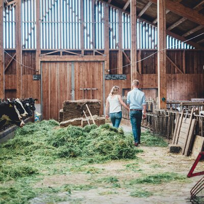 Paar geht durch den Stall | © Urlaub am Bauernhof Kärnten / Daniel Gollner