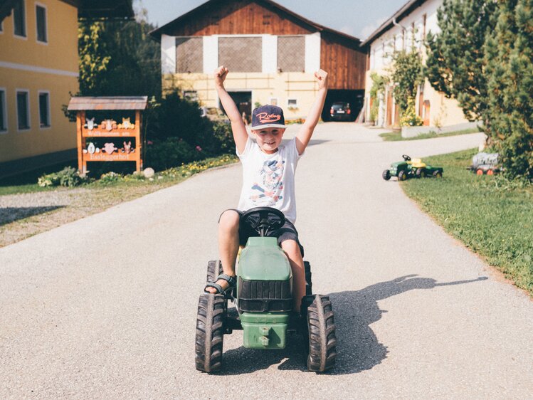 Bub sitzt auf Spielzeugtraktor und hebt die Arme | © Urlaub am Bauernhof Kärnten / Daniel Gollner