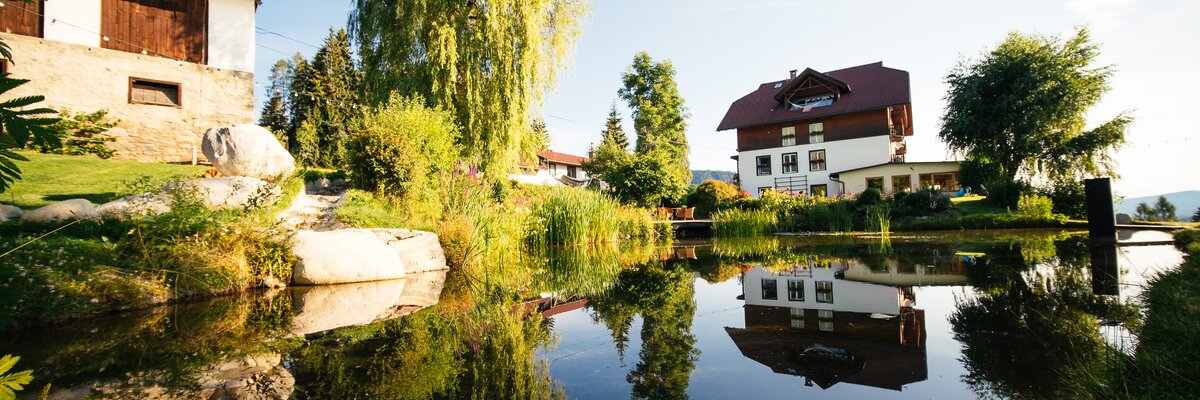Haupthaus davor der Teich | © Urlaub am Bauernhof Kärnten/ Daniel Gollner