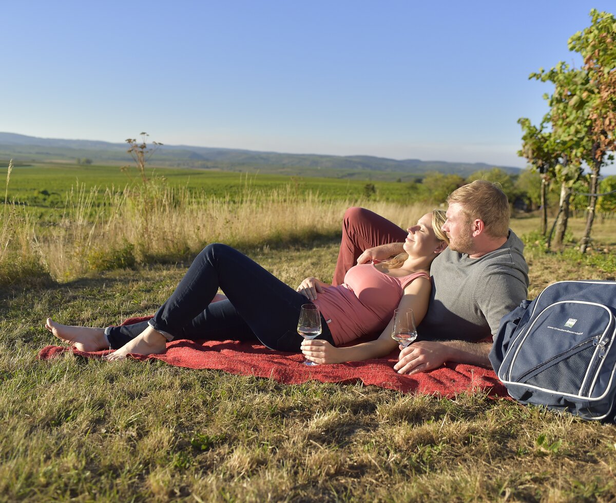 Relax in the vineyard | © Urlaub am Winzerhof / Ralph Fischbacher Woman leans against man at a picnic in the vineyard | © Urlaub am Winzerhof / Ralph Fischbacher