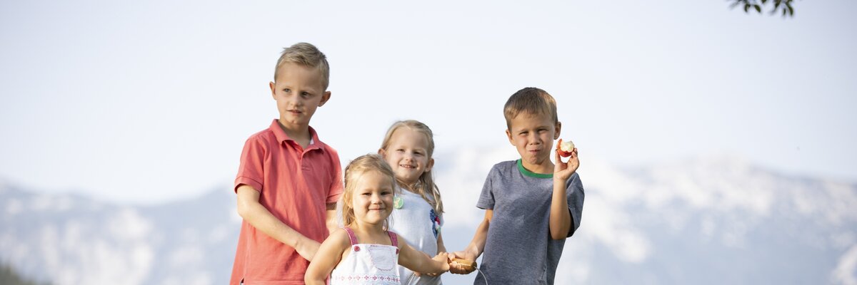 Kinder holen Äpfel von der Obstwiese | © Urlaub am Bauernhof Oberösterreich / Andreas Hofer