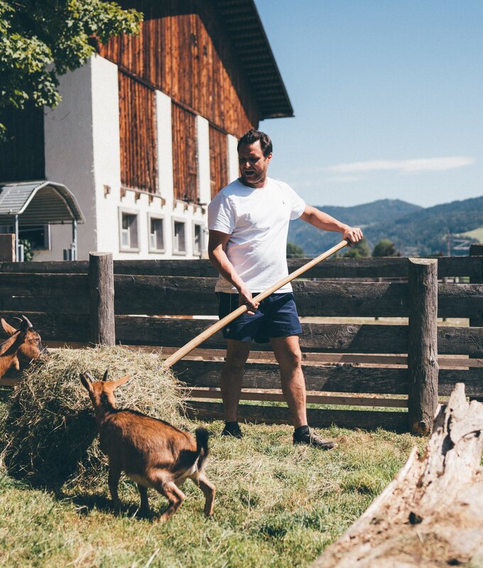 Man standing by wooden fence, feeding hay to goats in a pastoral countryside setting with mountains in the background. | © Urlaub am Bauernhof / Daniel Gollner