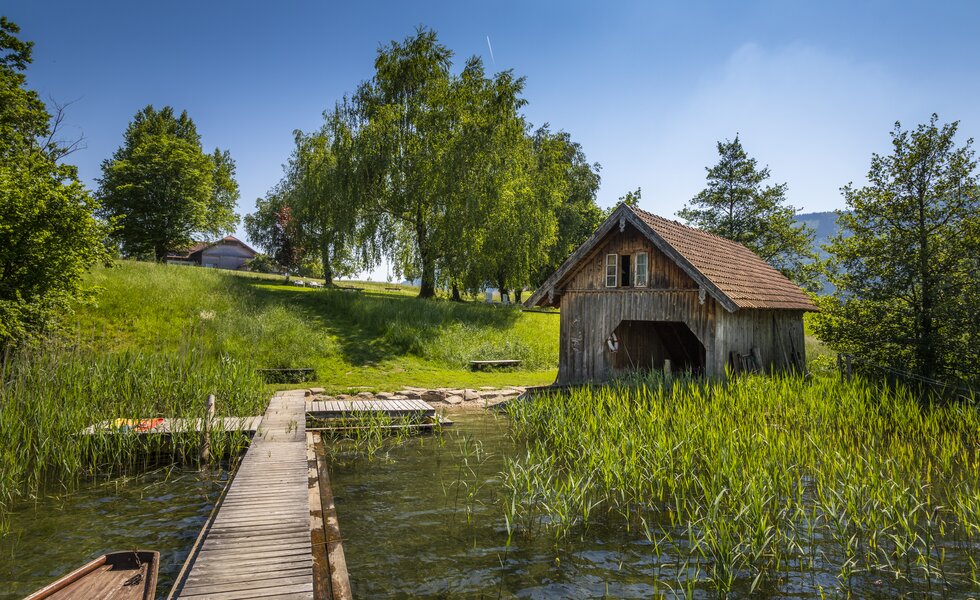 Wooden boat house on a lake surrounded by lush greenery and trees under a clear blue sky. | © Urlaub am Bauernhof Österreich / Bernd Suppan