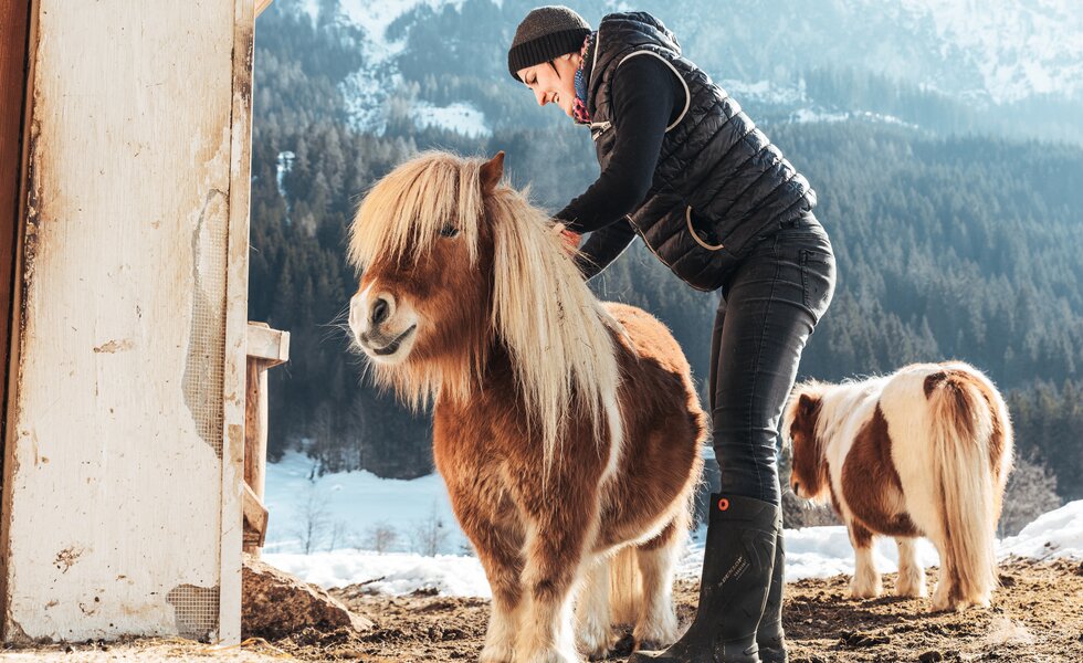 Frau mit Pony | © Urlaub am Bauernhof / Punkt und Komma A person in winter clothing petting a small, fluffy brown pony in a snowy mountain landscape. | © Urlaub am Bauernhof / Punkt und Komma