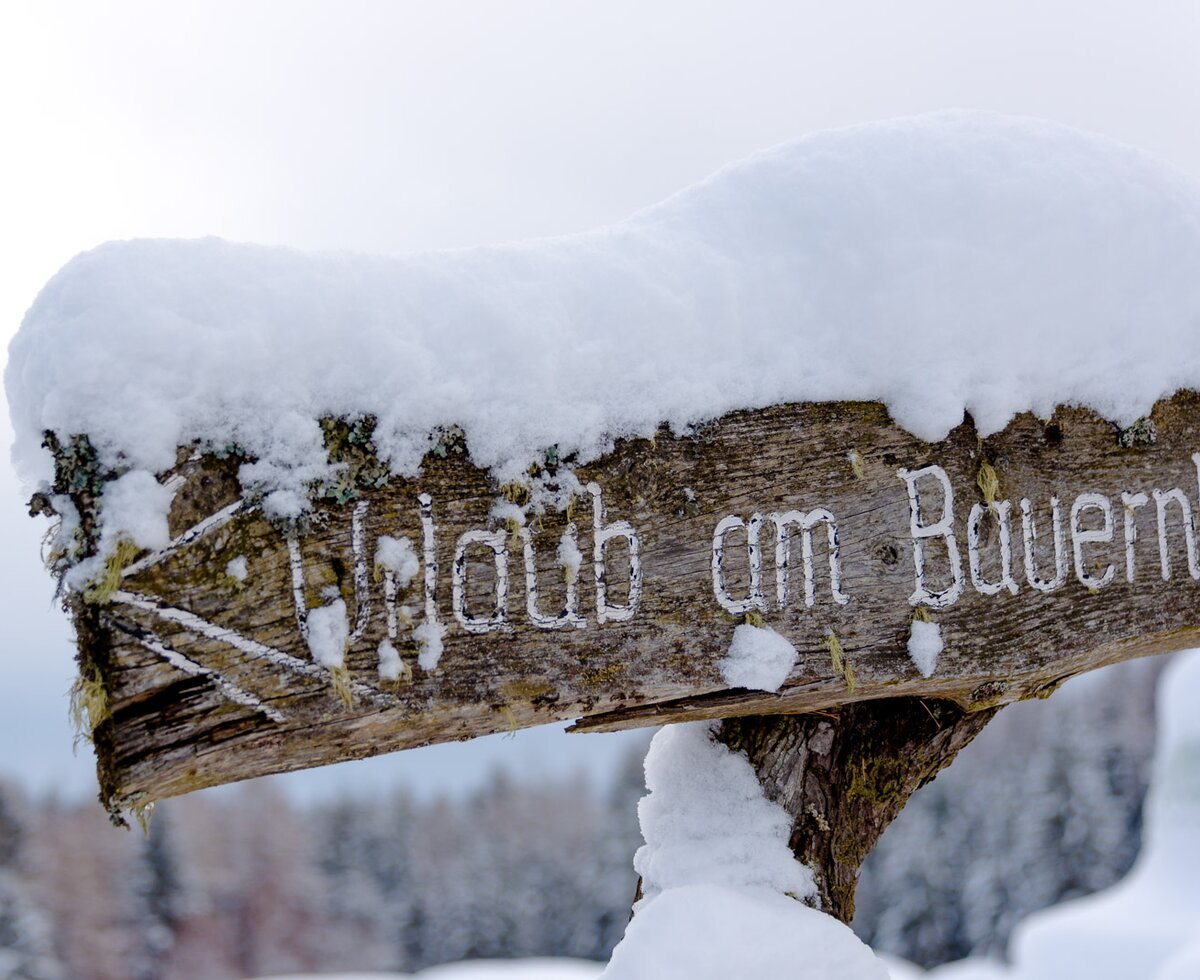 Tafel Urlaub am Bauernhof, Urlaubsregion Murau-Murtal, Steiermark | © Urlaub am Bauernhof Steiermark / Wolfgang Spekner Die Urlaub am Bauernhof - Tafel mit Schneehaube, Urlaubsregion Murau-Murtal, Steiermark | © Urlaub am Bauernhof Steiermark / Wolfgang Spekner