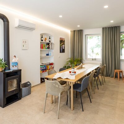 The welcoming entrance area of the Haus, featuring a dining table, wood-burning stove, air conditioning, and a bookshelf with local information.