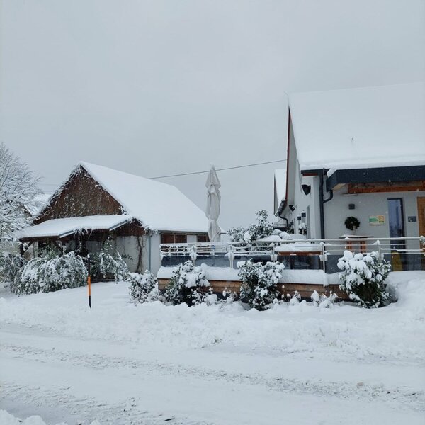 The exterior of the Farm House and its grounds, covered in snow during winter.