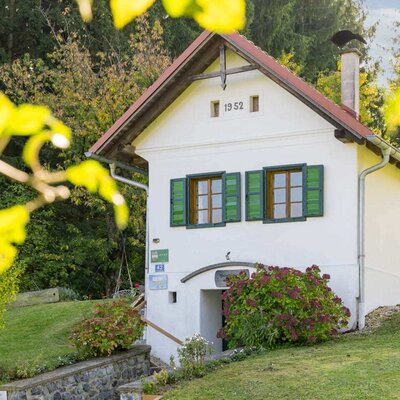 The farmhouse's charming outbuilding with traditional green shutters and a well-kept green lawn.