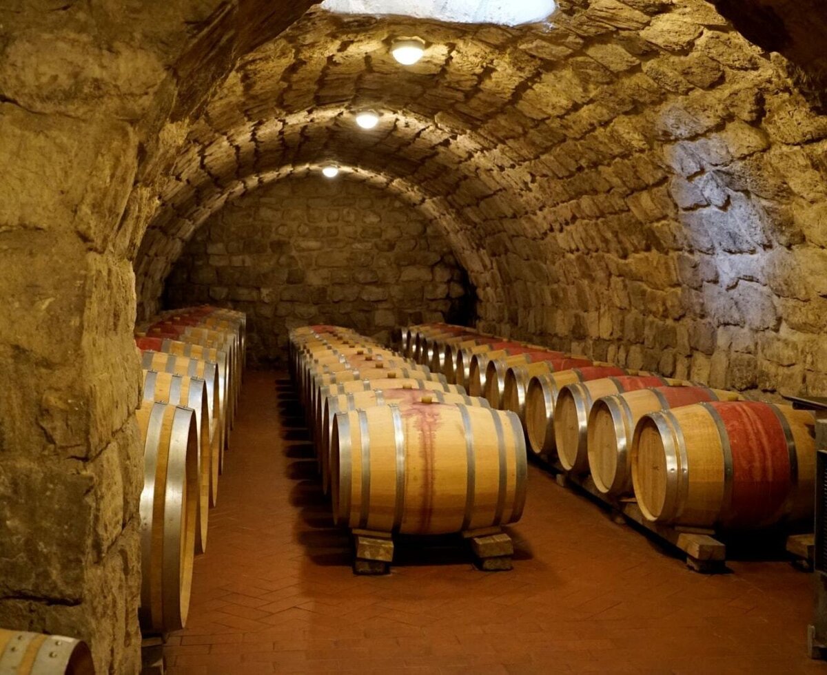 The farmhouse features a stone-arched wine cellar with multiple rows of wooden barrels.