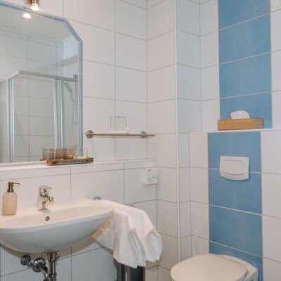 Bathroom in the house with a sink, mirror, toilet, and shower.