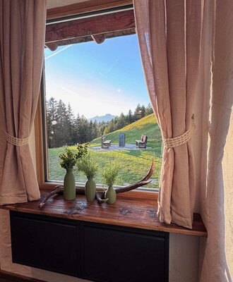 Window view from the Alm showing a green hillside with trees and mountains.