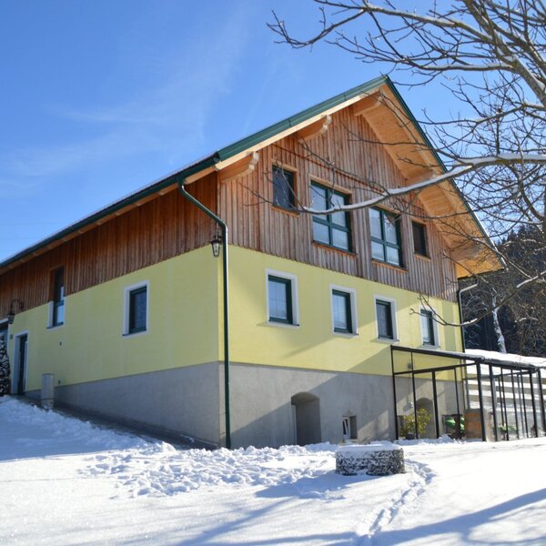 The farmhouse features a yellow and wood facade, a green roof, and a glass-enclosed patio, surrounded by snow in winter.