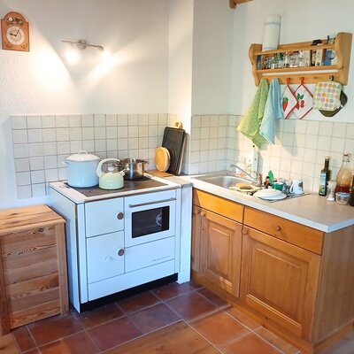 Kitchen with a sink, traditional stove, and wooden cabinets.