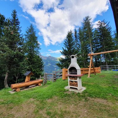 The outdoor area of the Alpine Hut features a grill, a wooden swing set, and a fountain, with views of the surrounding mountains and forest.