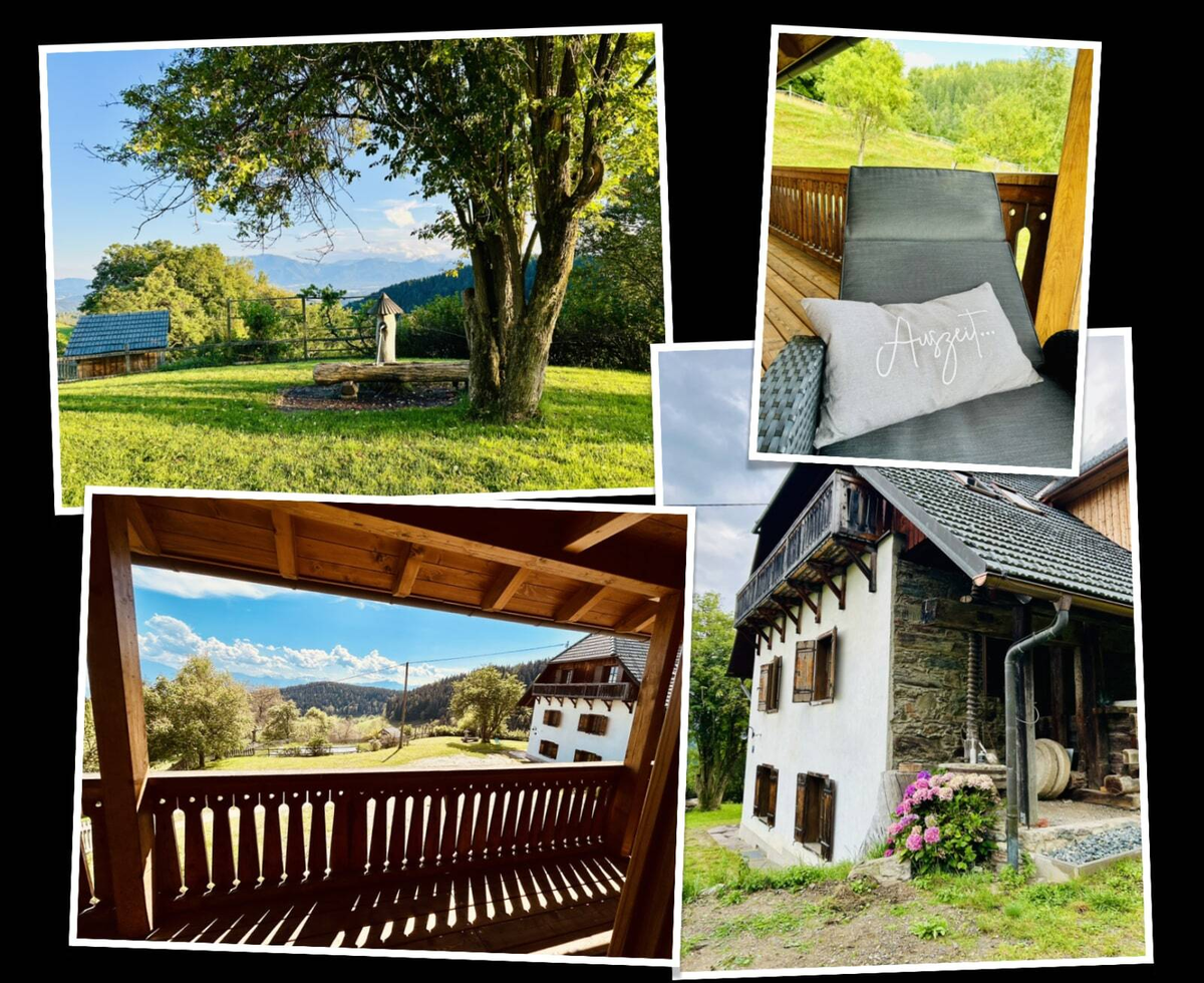 The vacation rental features a traditional exterior, balconies with rural and mountain views, and a garden area with outdoor seating.