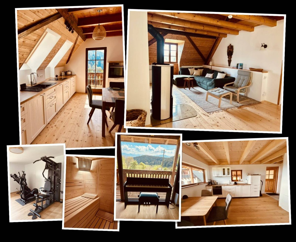 This vacation rental features multiple equipped kitchens, a living area with a wood-burning stove, a home gym, a sauna, a piano, and mountain views from various rooms and a balcony.