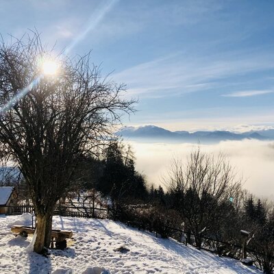 The vacation rental's snow-covered grounds, featuring a wooden bench and a distant view of mountains above the cloud inversion.