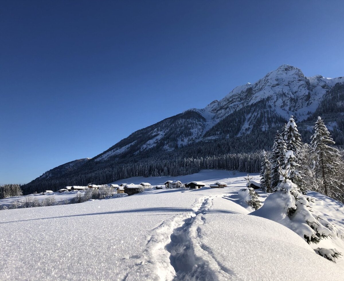 Snow-covered winter landscape with tracks in the snow and the farmhouse in front of the mountains.