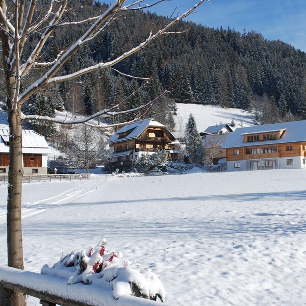 The Farm House and its surrounding buildings are seen in a snow-covered winter landscape with a forested mountain. The Farm House and its surrounding buildings are seen in a snow-covered winter landscape with a forested mountain.
