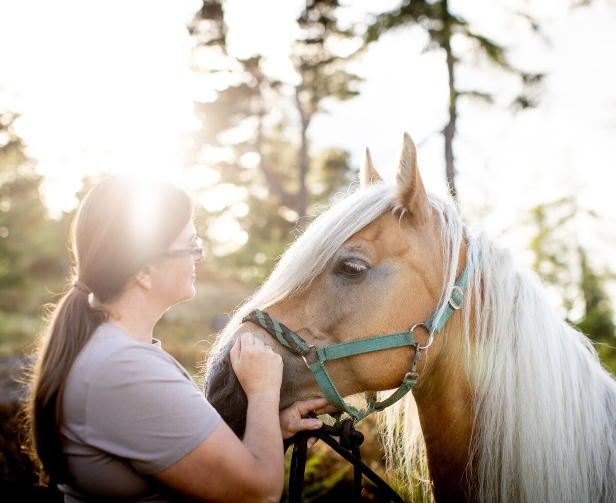 A guest interacting with a horse at the Alm.