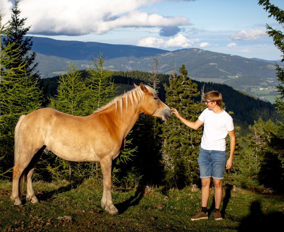 A horse on the Alm pasture with a guest and mountain views.