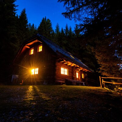 The lit-up Alm at night, surrounded by trees.