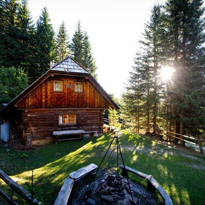 The Alm, a wooden building surrounded by forest, featuring an outdoor fire pit with seating.