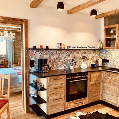 Kitchen&View to Bedroom@@Chalet Almhaus Strobl