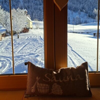 Window view of the snowy winter landscape from the farmhouse, with a sauna pillow on the windowsill.