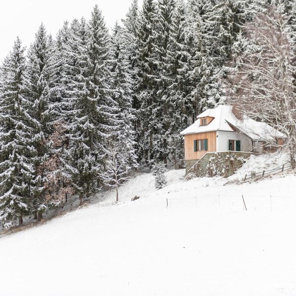 The Alpine Hut, featuring wooden and white exteriors, is nestled in a snowy landscape surrounded by snow-covered pine trees.