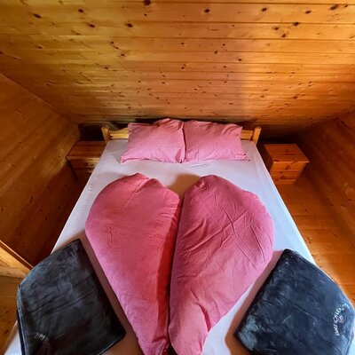 Double bedroom in the Alpine Hut featuring a bed with pink bedding and wooden paneling.