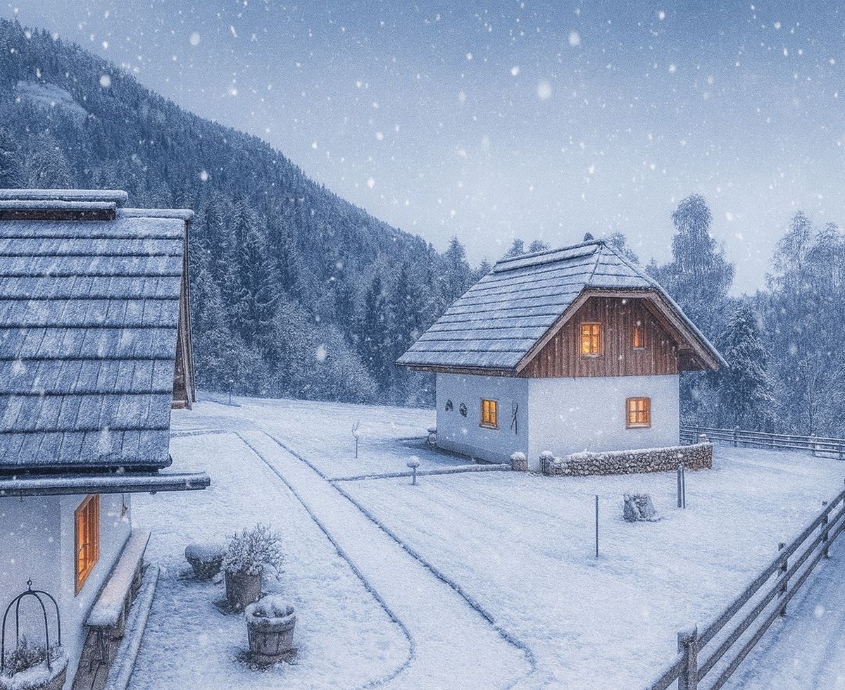 The exterior of the Farm House during a snowfall, with warm lights visible from the windows against a mountain backdrop.