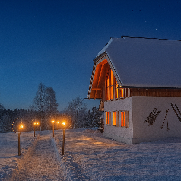The snow-covered farmhouse at night with an illuminated path, warmly glowing windows, and skis on the wall.