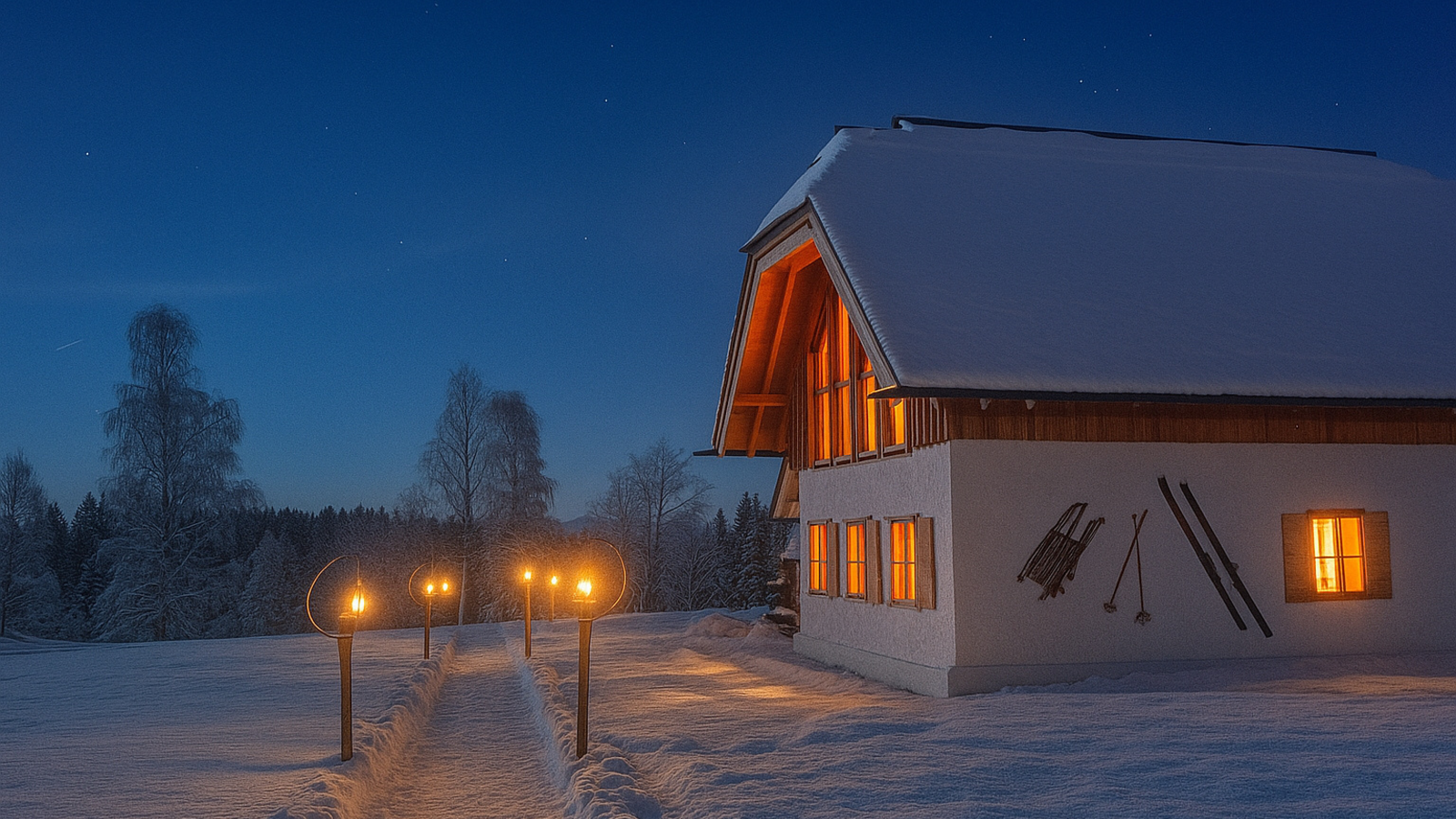 The snow-covered farmhouse at night with an illuminated path, warmly glowing windows, and skis on the wall.