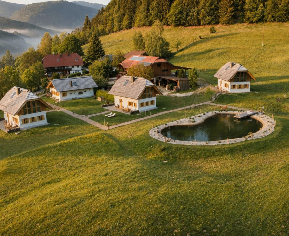 Aerial view of the farmhouse with several holiday homes, a natural pond, and surrounding green hills.