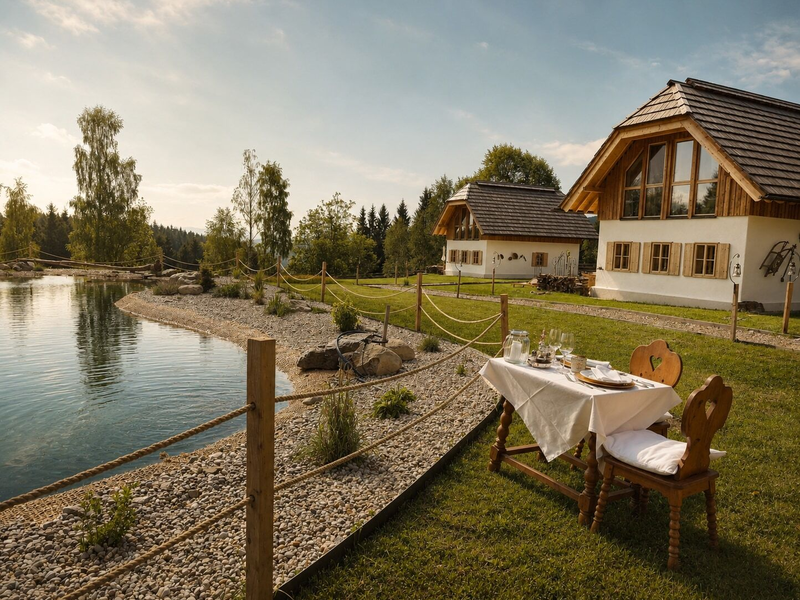 Outdoor dining area of the farmhouse with a set table for two by the lake and two farmhouses in the background.