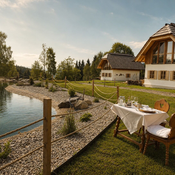 Outdoor dining area of the farmhouse with a set table for two by the lake and two farmhouses in the background.