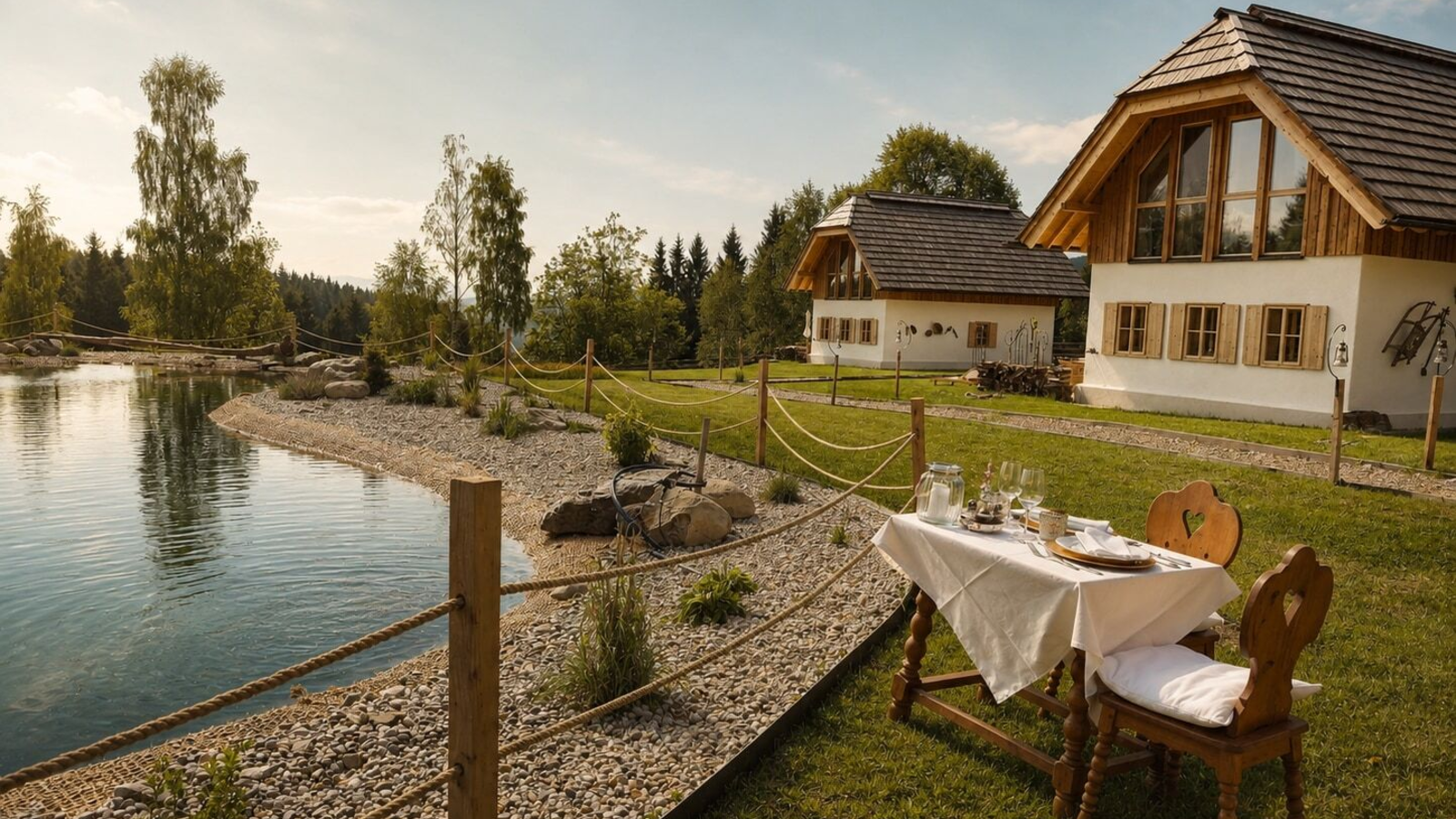 Outdoor dining area of the farmhouse with a set table for two by the lake and two farmhouses in the background.