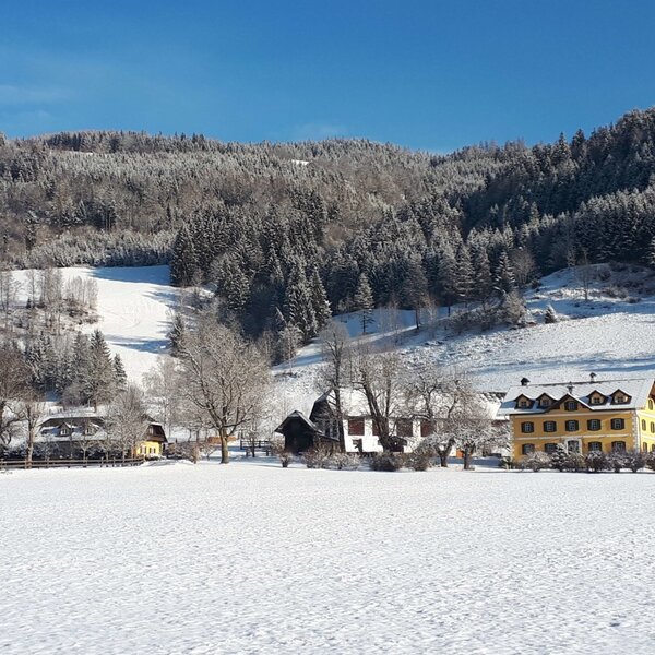 The Farm House surrounded by a snowy winter landscape, with forested hills in the background.