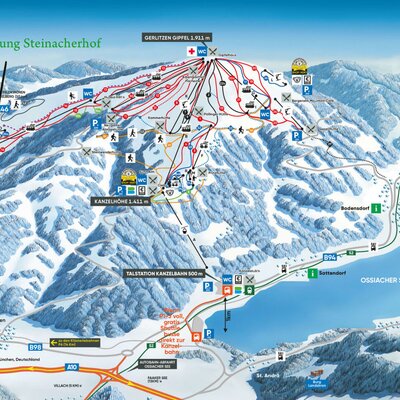 Ski resort map indicating the location of the Farm House Steinacherhof near the ski slopes and lifts on Gerlitzen mountain.