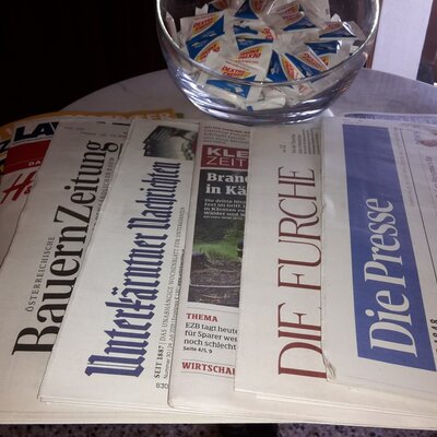 A selection of newspapers and Dextro Energy tablets are available for guests at the farm.