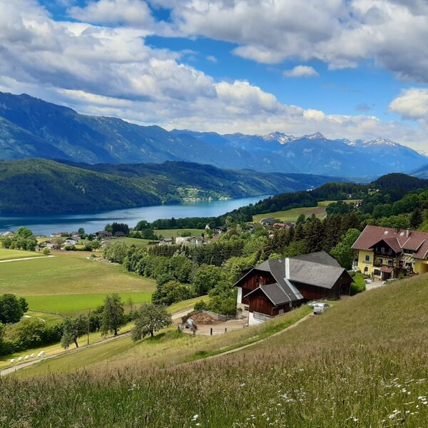 The inviting farmhouse, nestled in lush green meadows with scenic views of the shimmering Lake Millstatt and the surrounding mountains.